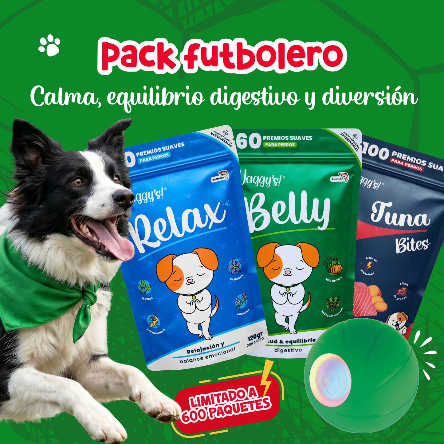 Waggy’s Pack Futbolero para Perros | Calma en Partidos, Protección Digestiva y Juego | Incluye Relax, Belly, Bola Loca y Bites