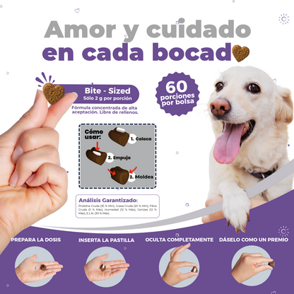 Instrucciones paso a paso para preparar, insertar y ocultar medicamentos en los premios moldeables Waggy's Pilly de forma fácil.