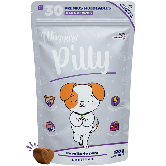 Empaque frontal de Waggy's Pilly, premios moldeables sabor salmón diseñados como envoltorio para esconder pastillas para perros.