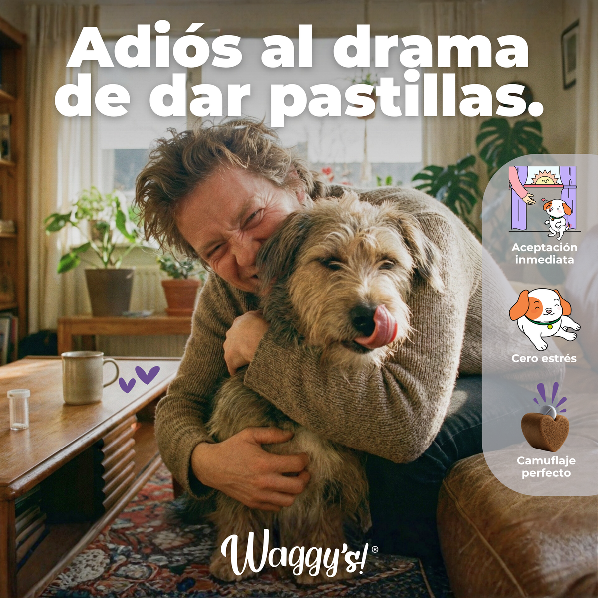 Hombre abrazando a su perro feliz, mostrando cómo Waggy's Pilly acaba con el estrés de dar medicamentos gracias a su camuflaje perfecto.