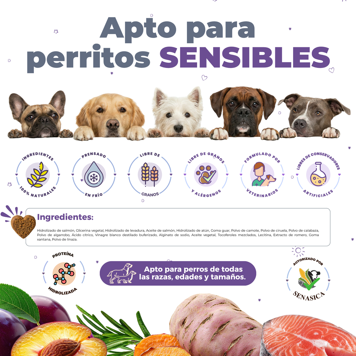 Waggy's Pilly es un premio seguro para perros sensibles de todas las razas, libre de granos, prensado en frío y avalado por veterinarios, autorizado por SENASICA.
